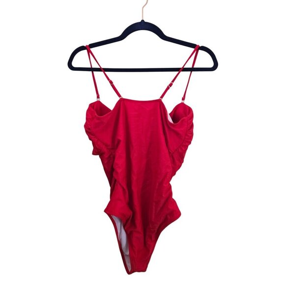 Stunning Red Bandeau Tie Front Cut Out One Piece Swimsuit Size XL - Picture 3 of 9
